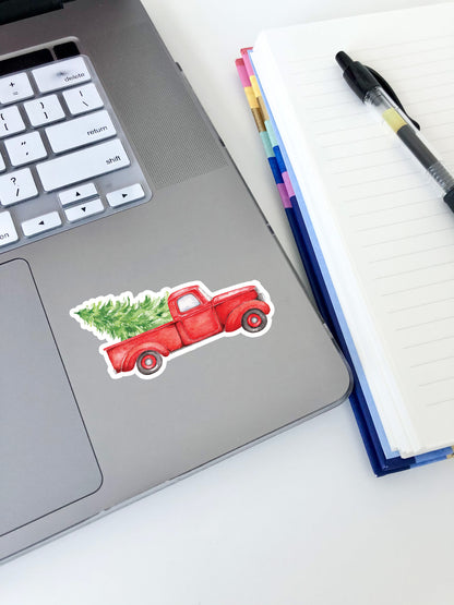 Red Truck Christmas Tree Sticker 1.5"x3"